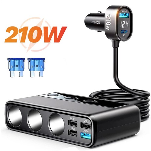 210W Multi-port Car Charger 3 Sockets 6 Ports PD QC3.0 Cigarette Lighter Adapter - Photo 8 sur 9