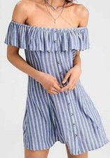 American Eagle Striped Off The Shoulder Dress Button Front Ruffle Size M