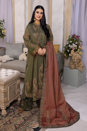 $435 Nilofer Shahid Ishq-e-Gulzar Shirt Pant India Pakistan | Olive & Gold | M - Picture 16 of 17