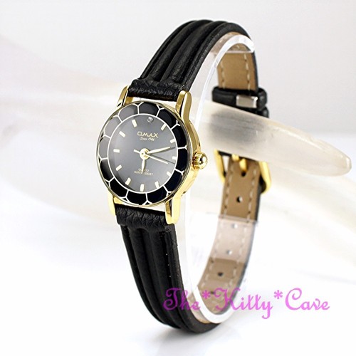 Swiss Omax Slim Seiko Movt Cut Glass Mineral Gld Plt Black Leather Watch 8N8056 - Picture 2 of 12