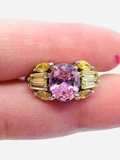 Vtg 925 Sterling Silver Hot Pink Yellow Glass Rhinestone Statement Ring Sz. 6.75