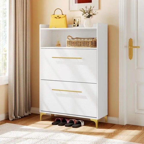 Shoe Cabinet Modern Entryway Shoes Organizer w/ 2 Flip Drawers Shelves Storage - Picture 2 of 9