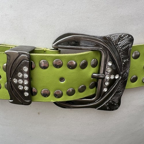 Lime Green Western Rodeo Silver Studded Rhinestones Belt Boho Retro Festival Y2K - Picture 5 of 19