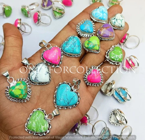 Multi Turquoise Gemstone 925 Sterling Silver Plated Lot Heart Pendants & Rings
