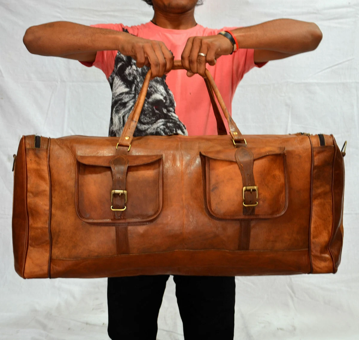 Mens travel duffle bag leather sale