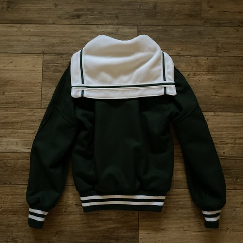 DeLONG Green Letterman Jacket Snap Front Wool Sleeves White Collar X-Small NWT - Picture 7 of 8