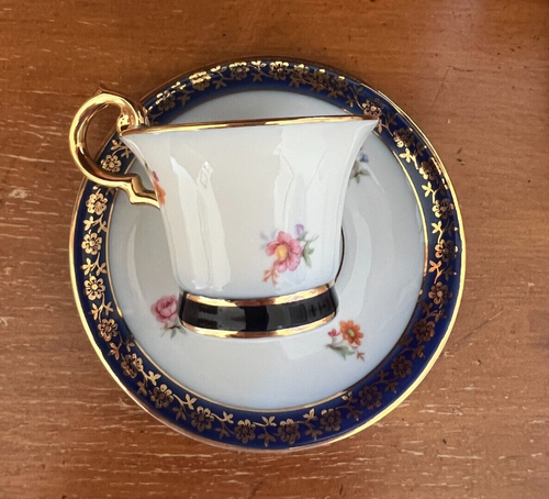 Demitasse Kaffee 6 Tassen 6 Untertassen weiß blau gold Martinroda Krone PM Mark Vintage - Bild 16 von 23