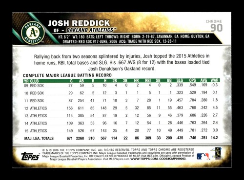 2016 Topps Chrome Baseball Josh Reddick #90 Oakland Athletics - Bild 2 von 2