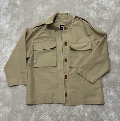 Zara Shacket Beige Size XS Oversized Shirt Jacket With Pockets UK