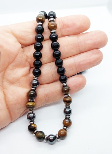 Collana da uomo in pietra naturale onice occhio di tigre ematite e acciaio inox - Foto 6 di 7