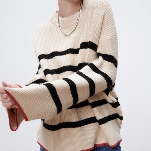 MAGLIONE PULLOVER ZARA BIANCO SPORCO NERO RIGHE FINTO COLLO COSTINE DONNA PICCOLO - Foto 2 di 8