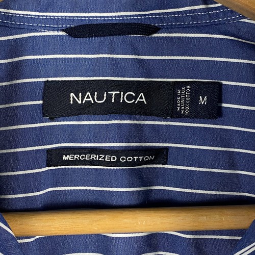Nautica Mens Medium Long Sleeve Button Up Shirt Blue Pencil Stripe Mercerised - Picture 6 of 12