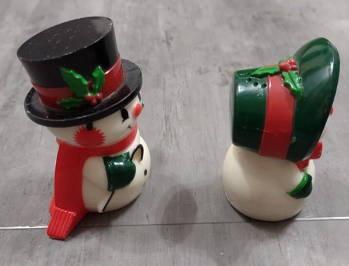 Agitadores de sal y pimienta vintage Hallmark Happy & Merry Christmas muñeco de nieve - Imagen 2 de 5