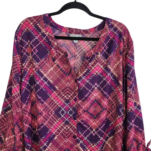 Catherines Georgette Knopfleiste Bindeärmel Cafe Bluse Plus 3X rosa kariert Arbeit - Bild 5 von 11