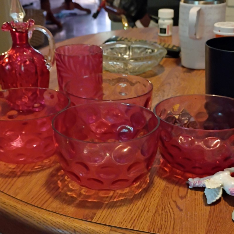 Cranberry Pressed Glass Tumblers Set with Small Glass Pitcher