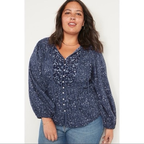 Vecchia blusa marina grande oversize bottoni davanti stampa mista poeta contadino boho blu - Foto 2 di 12