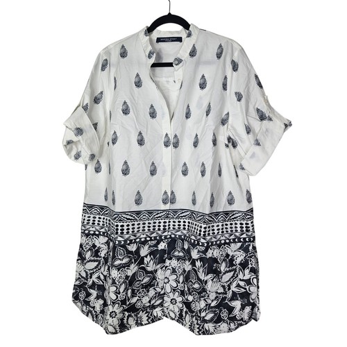 Marina Rinaldi 2X Sport Cotton Tunic Top White Black Coastal Floral Lagenlook