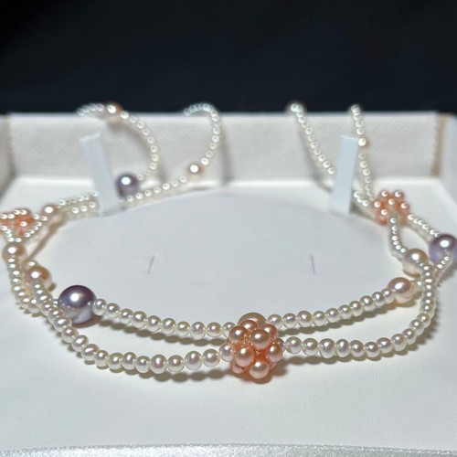 Double Strand Akoya Baby Pearl Necklace Silver 3.1–8.4mm 116cm From Japan - Picture 2 of 24