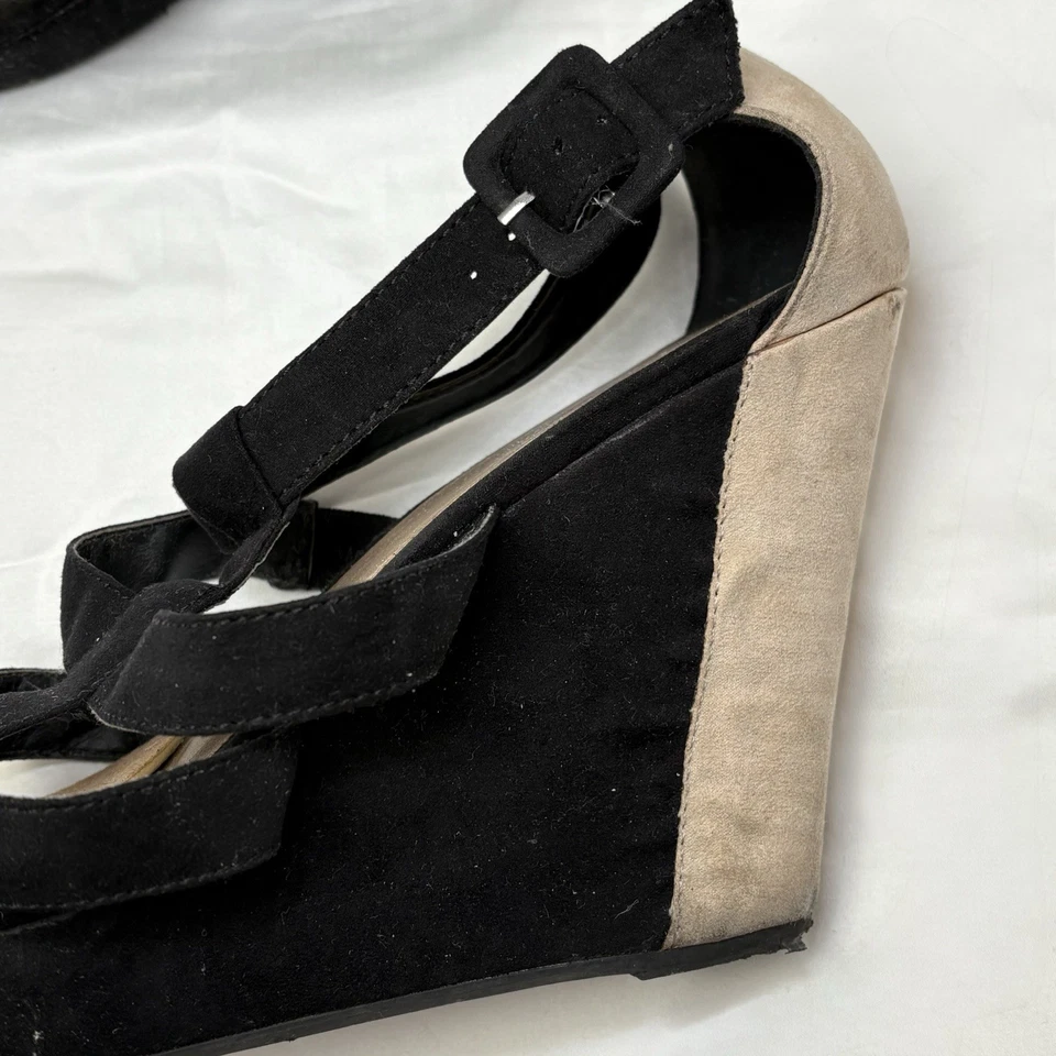 Y2K Black & Beige Suede Strappy Wedge Heels - Image 3 of 4