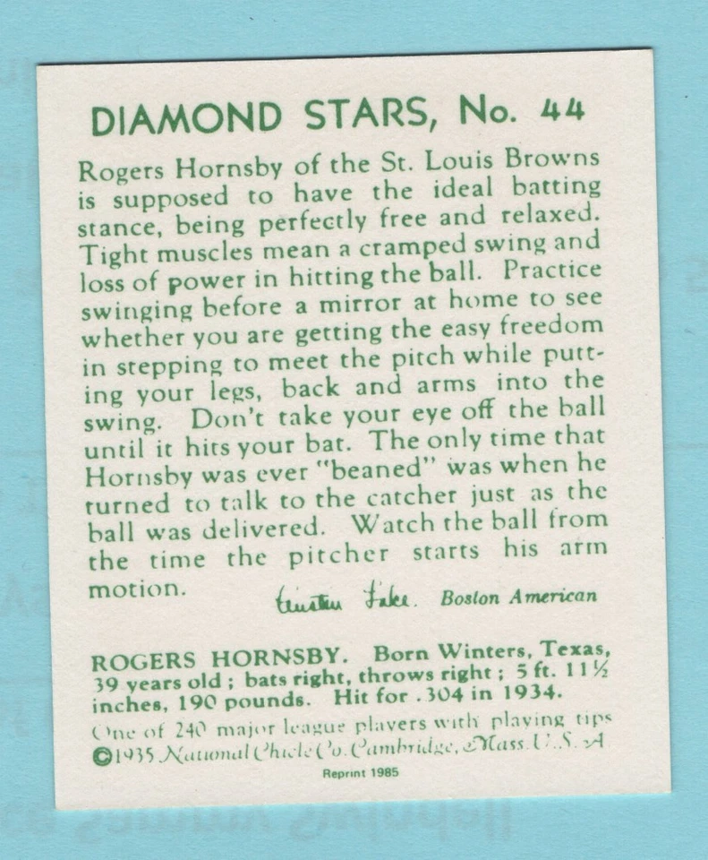 1935 Diamond Stars Reprint # 44 Rogers Hornsby -- 742 - Image 2 of 2