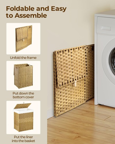 60L Laundry Hamper with Lid, 2 Liners & Mesh Bags, Woven Basket for Clothes&Toys - Picture 4 of 8