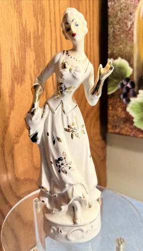 Vintage Victorian Lady Figurine 8"Tall, White & gold Porcelain
