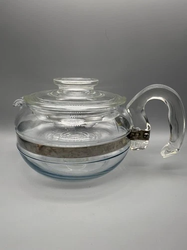 PYREX Flameware 8446B Stovetop Teapot & Lid 6 Cup Clear Glass Kettle Vtg USA