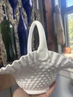 Vintage White Milk Glass Hobnail Pattern Ruffled Bridal Basket 10” Fenton Style