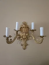 Wall Sconce Candle Holder Candelabra Golden Metal 2 Arm Ornate Angel Electric