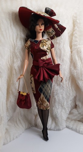 Ooak Outfit Kleid Tasche Hut Gürtel Strumpfhose passt Barbie Silkstone Puppe Handarbeit Seide