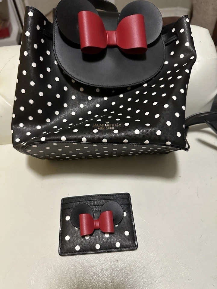 KATE SPADE DISNEY MINNIE MOUSE BACKPACK BLACK WHITE POLKA DOT LEATHER RED BOW - Image 2 of 4