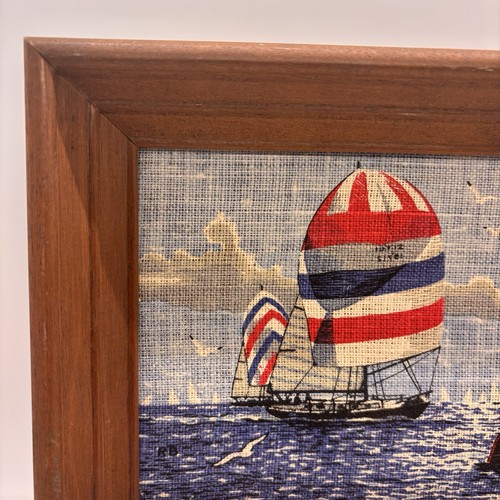 Vintage Sailboat Print Burlap Framed Art Sailing Nautical Regatta 8.5 X 10.5 - Picture 3 of 15