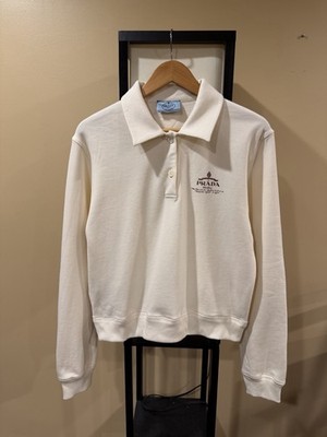 Prada Natural Cotton Fleece Logo Long Sleeve Polo Shirt