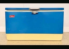 Vintage 1970s Coleman Steel Belted Cooler, Teal Blue & White 28" x 15.5" x 16"