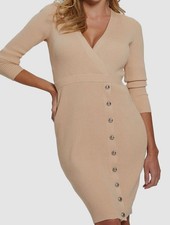 Guess Women's Beige Alexandria Ribbed Knit Button-Trim Sweater Dress Size M