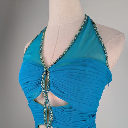 Vintage Silk Prom Dress Maxi Gown 10 Y2K Fairy Ruffle Green Blue Halter Glam - Picture 4 of 13