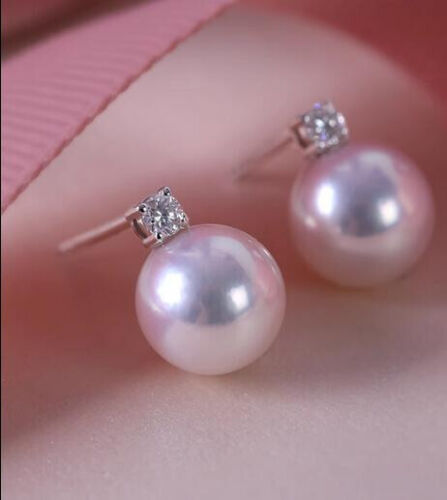 PURE 18k White gold diamond Earring Natural Round 8-9mm AAAA Akoya White Pearl - Picture 2 of 4