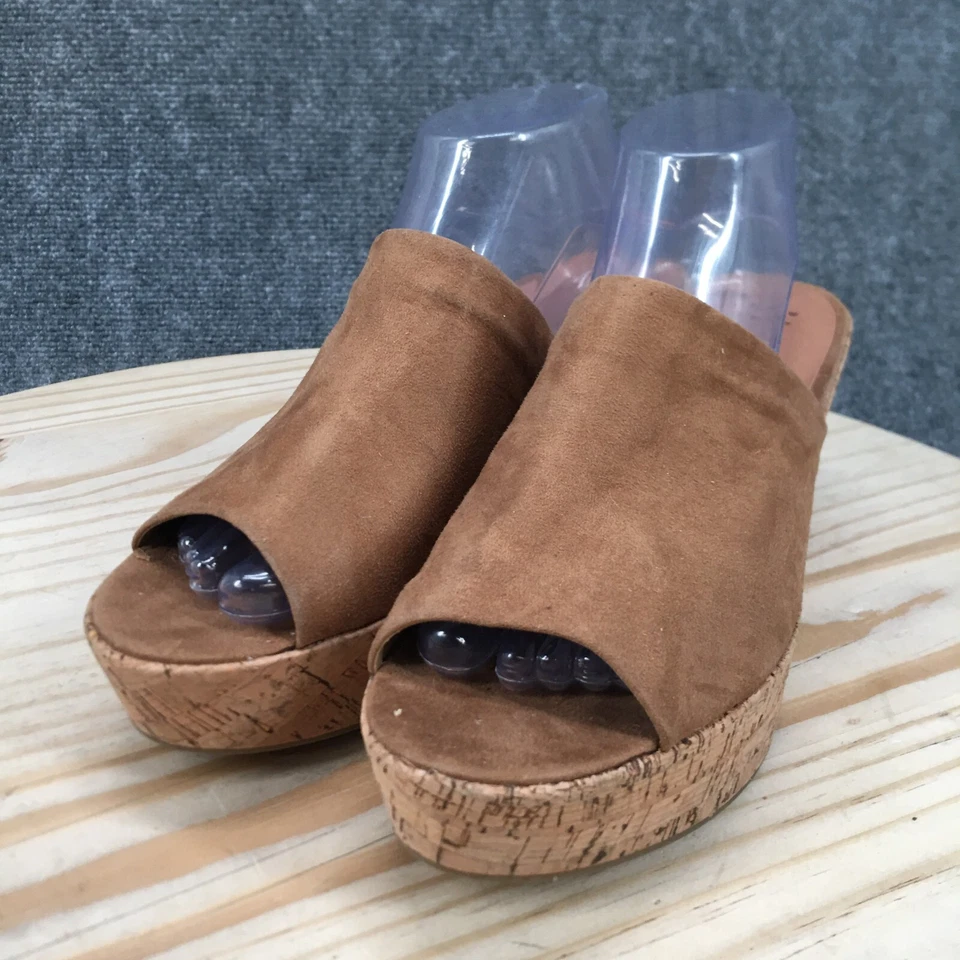A New Day Sandals Womens 11 Slides Brown Cork Wedge Heels Casual Slip On Fabric - Image 3 of 4
