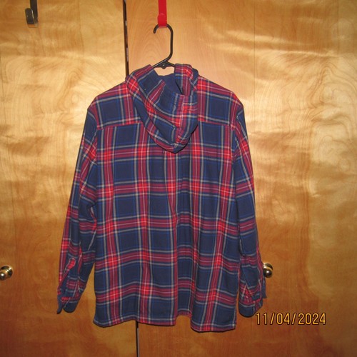 LL Bean Sherpa Lined Flannel Shirt Men's Size L Red Black Plaid Button Hood