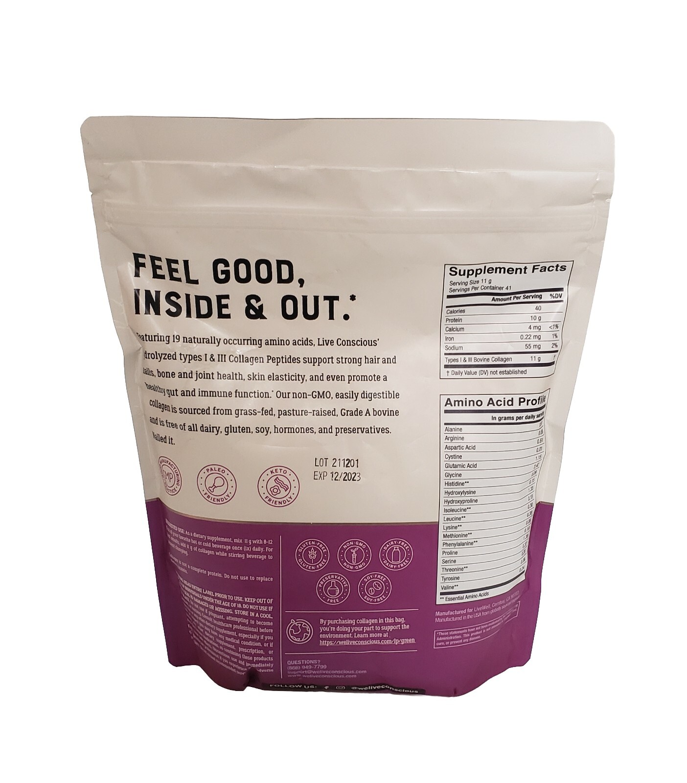 Collagen Powder by Live Conscious Hydrolyzed Collagen Peptides 16 Oz