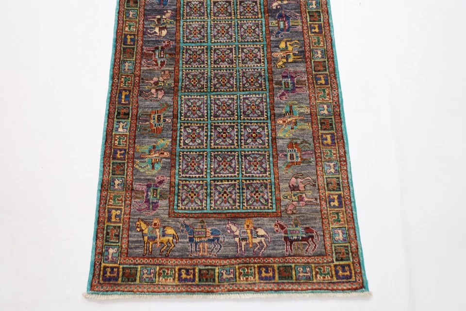 10 ft Hallway Tribal Animal Print Runner Rug Afghan Hand Knotted 100% Wool Rug - Image 3 of 4