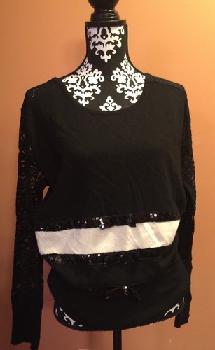 SEGRE Made In Italy Black/White Strip Long LACE Sleeve Sweater Size 16 MSRP $325