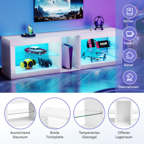 TV Schrank Hochglanz Lowboard mit LED Licht Glasablage 140cm Fernsehschrank Weiß - Bild 6 von 14
