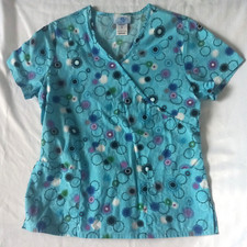 SCRUBS Womens Sz M Medical Scrub Top Blue Multicolored Geometric Doilies