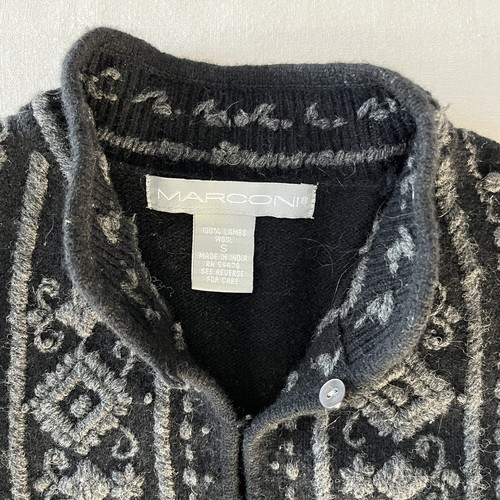 Vintage Marconi Sz S Folk Embroidered Cardigan Jacket Lambswool Black Gray - Picture 4 of 6