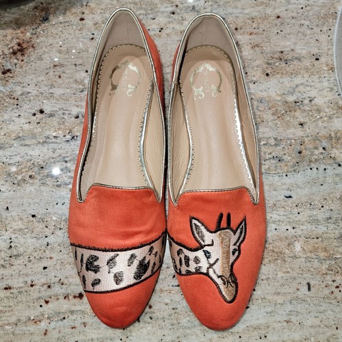 Giraffe Embroidered Orange Suede Flats Womens Size 10 Animal Print Slip-On Shoes