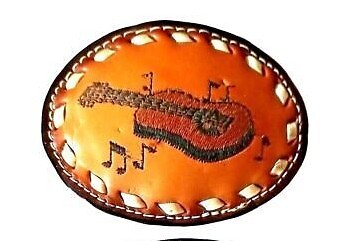LUCKENBACH Belt Buckle MUSIC CITY USA GUITAR TEXAS w White BUCKSTITCHING Leather - Picture 12 of 13