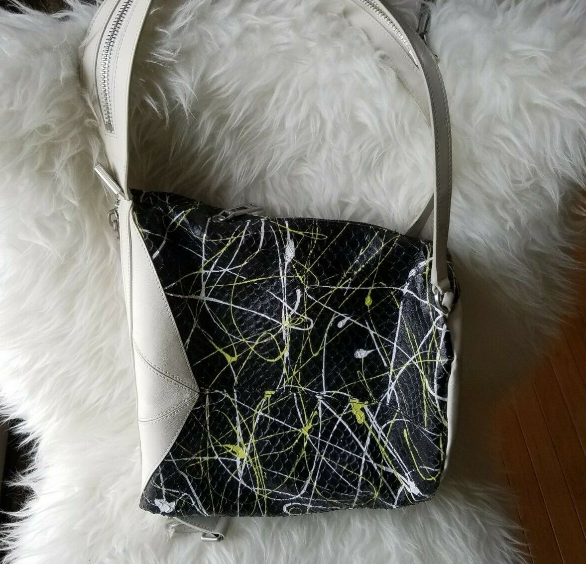 Botkier Coco Rocha Reptile Leather London Backpack Sling Bag Paint Splatter $448 Botkier London Coco Rocha Leather Backpack, Green and White  main image 2