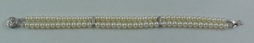 Freshwater Pearl Double Strand Bracelet with 14k White Gold Clasp Diamond Bars
