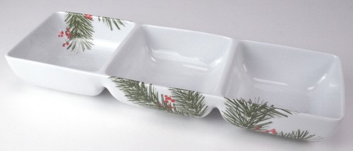 Three Compartment Serving Dish with Festive Evergreen Design - Picture 1 of 9